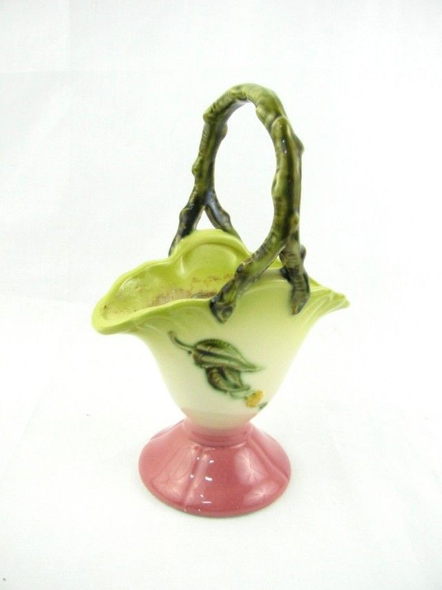 Hull Pottery Woodland Ceramic Flower Planter Vase Twig Handle Pink 