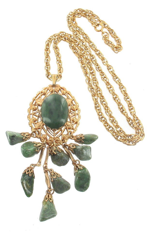 VINTAGE JADE SWOBODA FRINGE NECKLACE FILIGREE PENDANT GORGEOUS