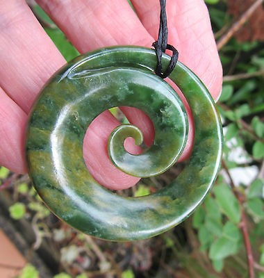   HOGLUND 3D NZ GREENSTONE POUNAMU FLOWER JADE MAORI SPIRAL KORU PENDANT