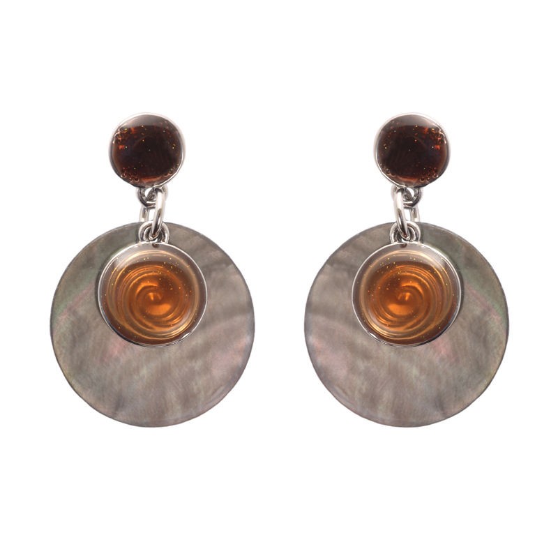 Ikita Brown Grey Enamel Shell Stud Dangly Earring Costume Jewellery