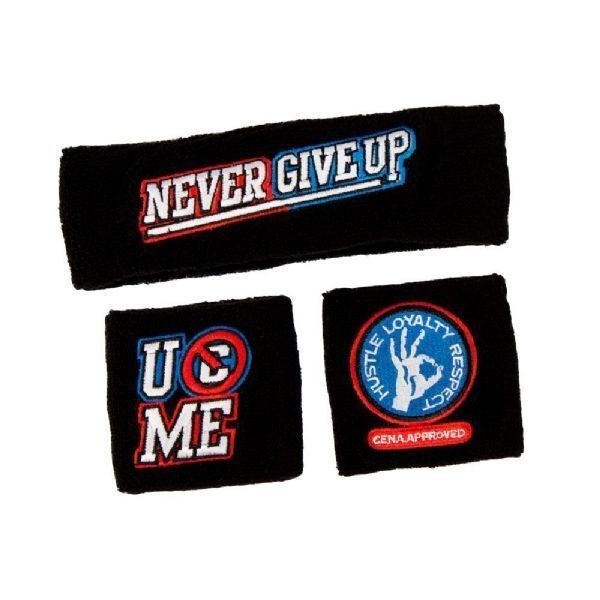 JOHN CENA Black Never Give Up Headband Wristbands Set WWE NEW