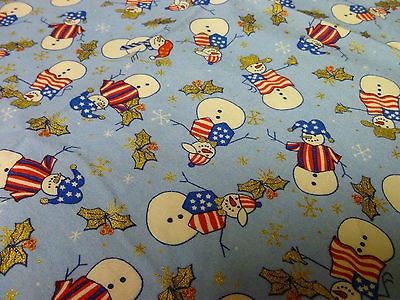   Fabric 2 yds x 45 SNOWMEN SNOWFLAKES Flags Gold On Blue Cotton JoAnn