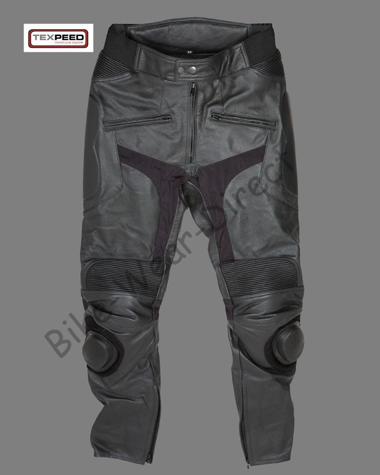 Mens Cowhide Leather Motorcycle Biker Trousers Jeans With Sliders & CE 