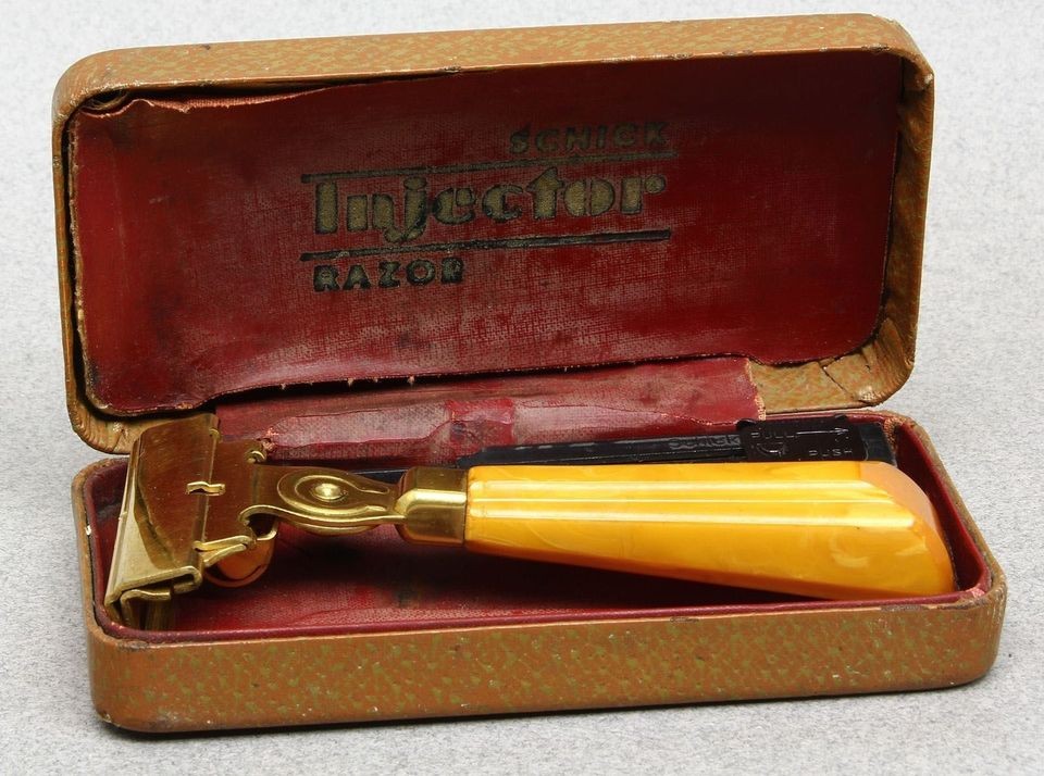 1931 SCHICK INJECTOR RAZOR w/ ORANGE BAKELITE HANDLE & CASE & BLADE