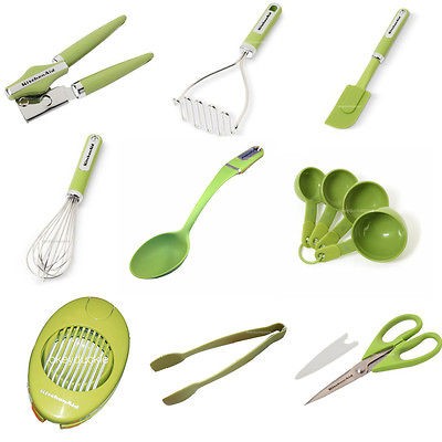   SHIP KitchenAid Assorted GREEN APPLE Can Opener Scissors Spatula Whisk