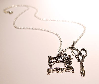 Vintage Singer Sewing Machine & Scissors Necklace  Antique Silver 