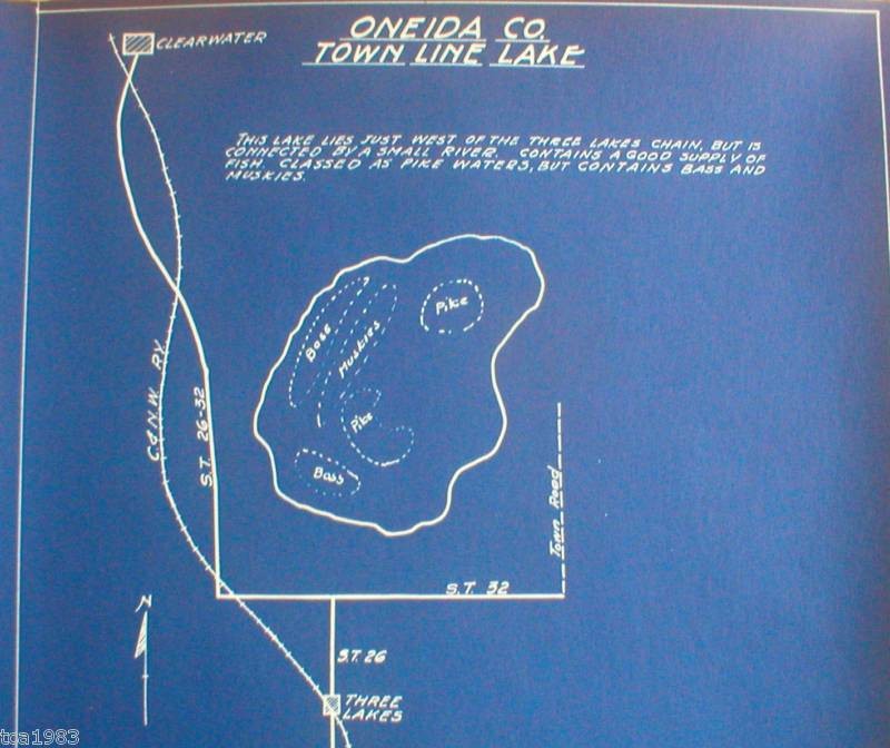 Vintage Wisconsin FISHING MAP ONEIDA Co.TOWN LINE LAKE