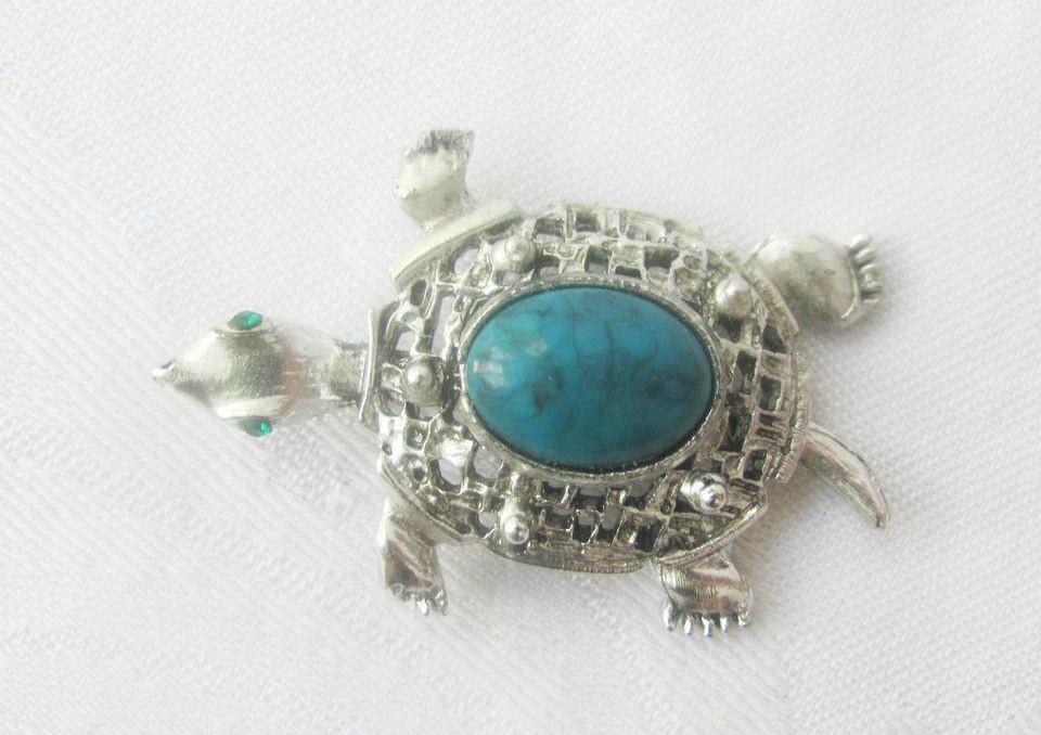 Vintage Large Turtle Brooch w Rhinestone Eyes Faux Turquoise Cabochon 