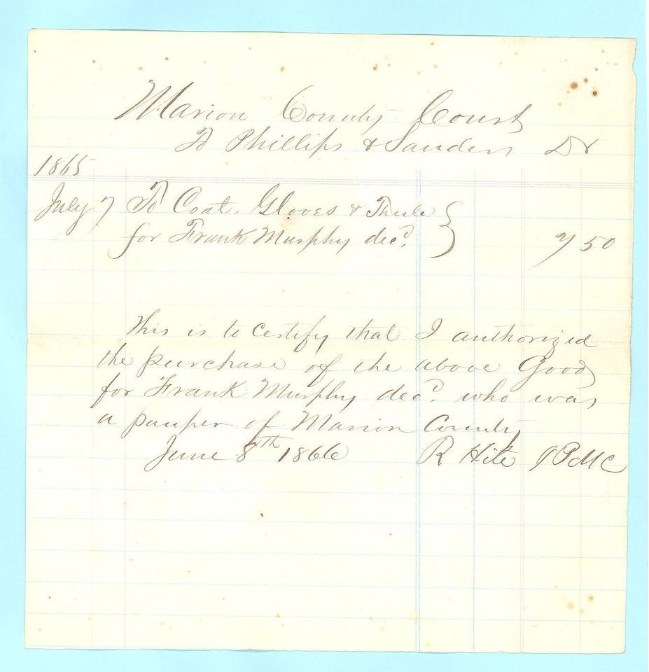 1865 LEBANON, KENTUCKY HOMELESS MAN BURIAL DOCUMENT