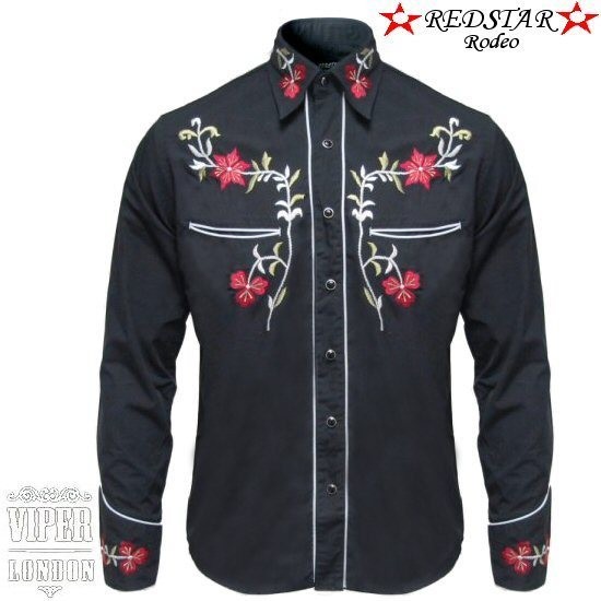 Black Cowboy Rockabilly Line Dancing Western Flower Embroidered Shirt 