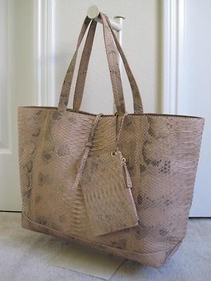   Python Snakeskin Leather Tote Shopper Shoulder Handbag Beige Cream