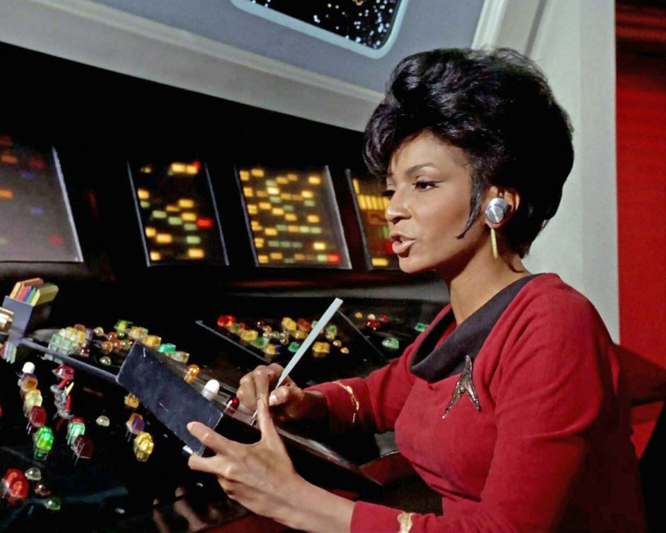 Nichelle Nichols as Uhura Working on a Log in The Omega Glory