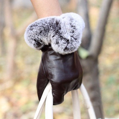 New winter warm real sheep leather with thick rabbit fur gloves(two 