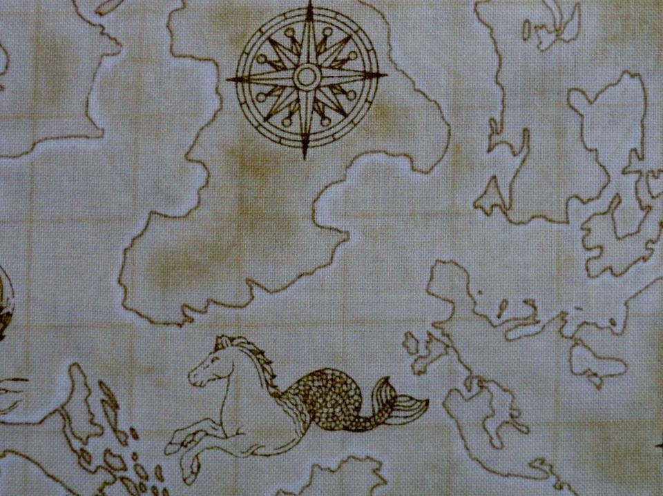 New Nautical Map Fabric BTY Globe Ship Boat Mermaid Toile Ocean 