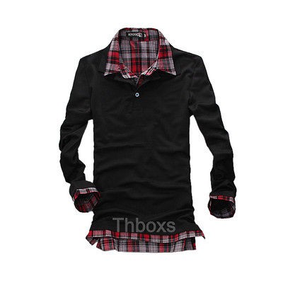 Mens Amazing Slim Polo Check Collar Shirt T shirts Long Sleeve M L XL 