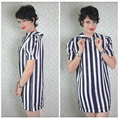 BOLD Navy Striped SHIFT Vintage Maternity Tent MOD Retro Party DRESS 