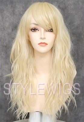 HEAT SAFE Long Messy Waves Wavy w/ Bangs Pale Blonde Wig TIBQ 613