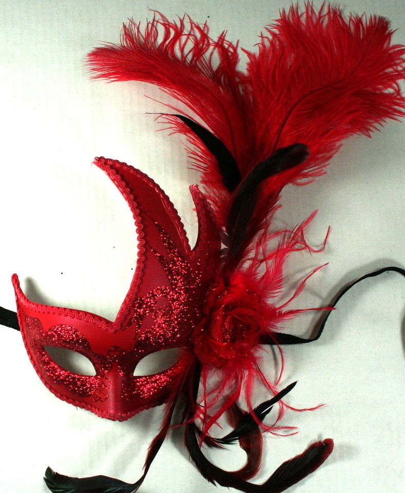 FEATHER MASQUERADE BALL PARTY MASK RED (6123)