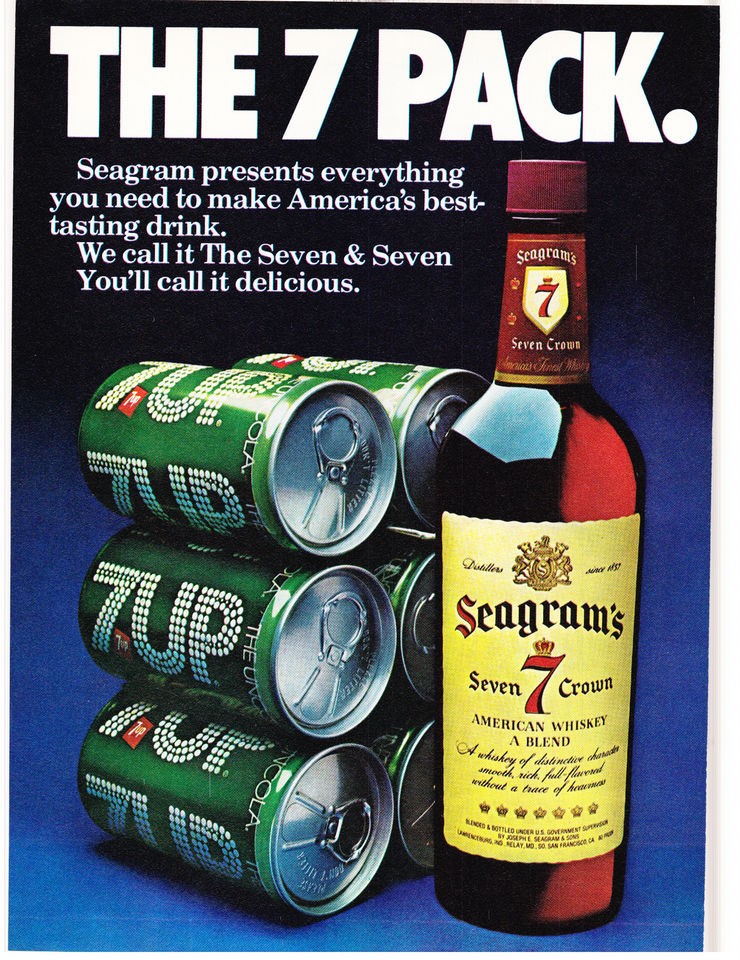 Original Print Ad 1977 THE 7 PACK. SEAGRAMS 7 CROWN & 6 PACK OF 7 UP 