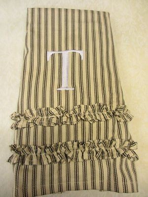   Barn Monogrammed T Brown White Ticking Stripe Ruffled Guest Towels NIP