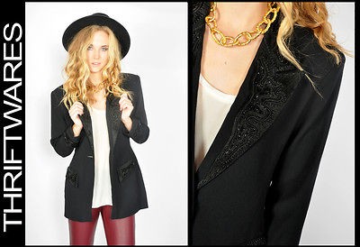 Vtg 80s Black SEQUIN STATEMENT Boyfriend Cocktail TUXEDO Blazer Jacket 