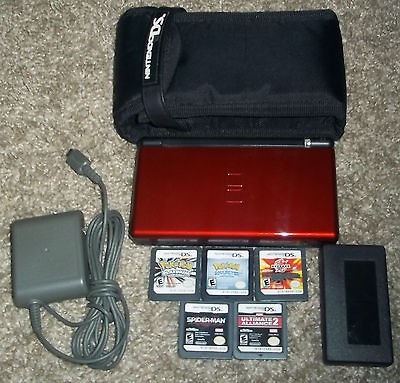   DS Lite Crimson & Black Handheld System, with 5 games and a case