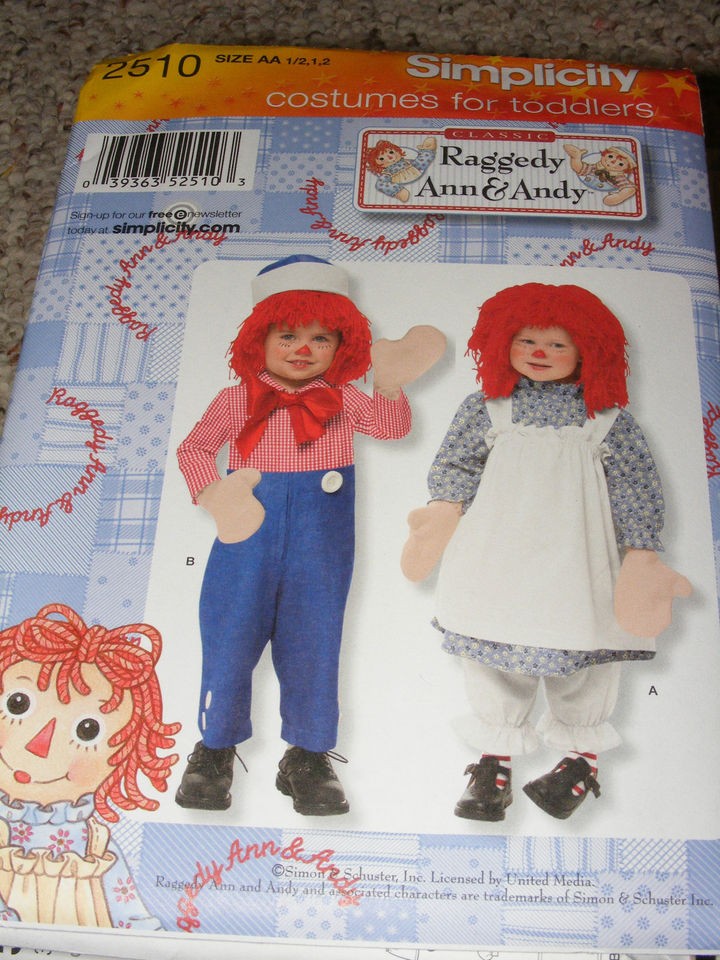   2510 Halloween Costume Pattern Toddler 1 2 T Raggedy Ann & Andy NEW