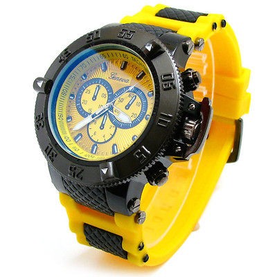   YELLOW GUN Geneva Heavy Case Hard Rubber Oversized Sport Mens WATCH