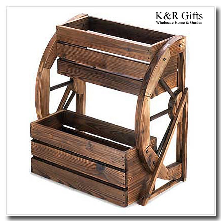    Double Tier Rustic Fir Wood Country WAGON WHEEL Outdoor Planter NEW
