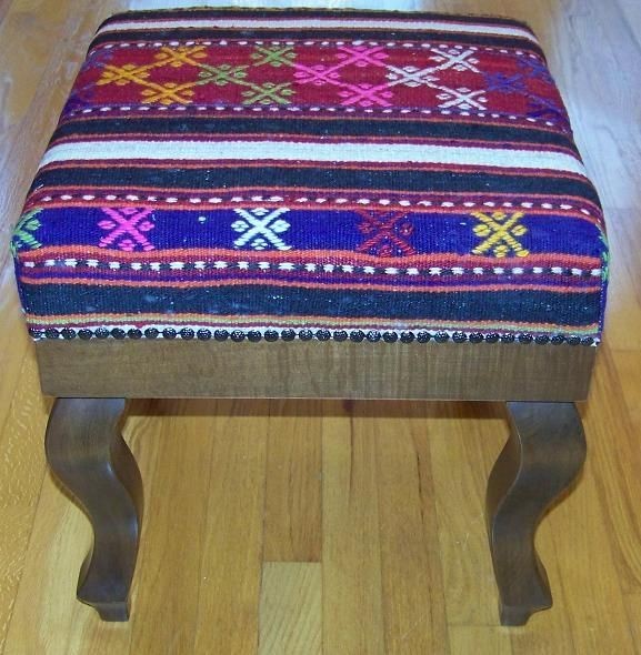 Antique Turkish Cicim Kilim Upholstered Ottoman