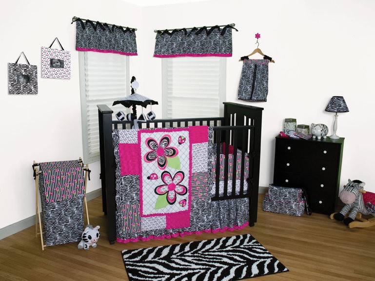 PINK BLACK ZEBRA PRINT LADYBUG FLOWERS BABY GIRL 11 PC CRIB NURSERY 