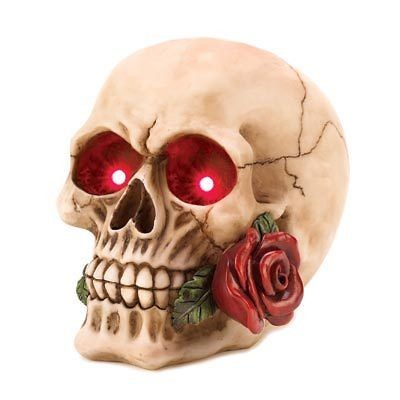 Ghastly Lighted Skull and Rose Figurine Demonic Appeal Glowing Eye 