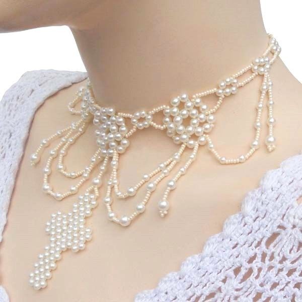 CREAM SEED BEADED FLOWER BEADWORK CROSS VICTORIAN NECKLACE SET S43/9