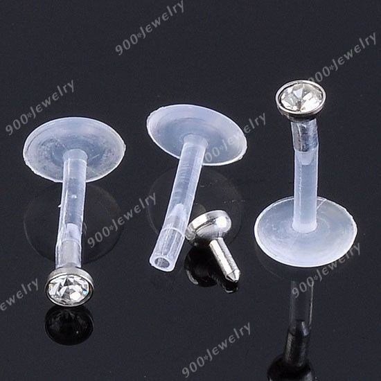   10 pcs 16G Clear Acrylic Czech Crystal Lip Labret Bar Ring Piercing