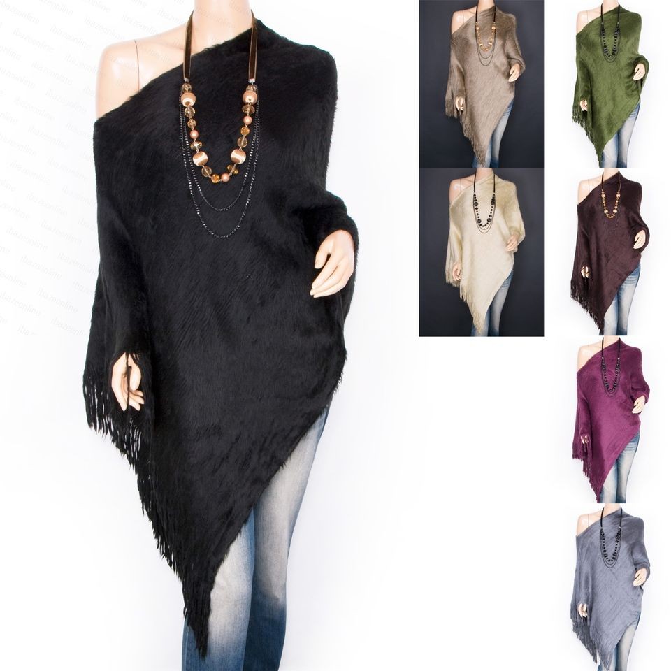 Fabulous Faux Fur One Shoulder Angled Hem Fringes Poncho Top