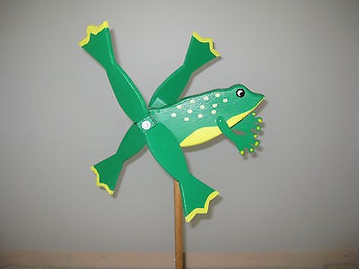   green Frog whirligig with mounting post / handmade / carved wood