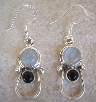   Silver Rainbow Moonstone Black Onyx Wire Dangle Earrings Blue Fire