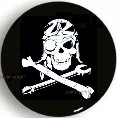 SPARE TIRE COVER 29 32 w/ Pirate Mechanic Skull on passport black 