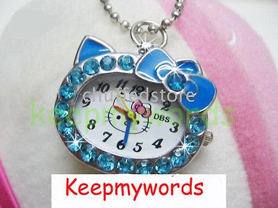 Hello Kitty Blue Crystal Stone Necklace Pendant Pocket Watch & Free 