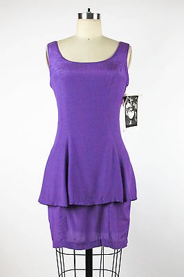 BETSEY JOHNSON Vtg 90s Purple Scoop Neck Peplum Dress Petite Small