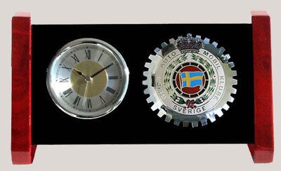 LUCITE EMBLEM DESK CLOCK   SWEDISH AUTO CLUB