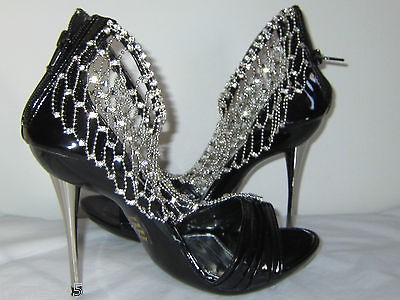 RHINESTONES❤NE​W MARINI MACHI BLACK JEWELRY SHOES HIGH HEEL PROM 