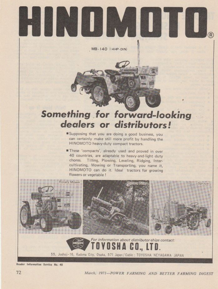   1971 HINOMOTO TRACTORS Advertisement ROTARY MOWER, TILLER, SPRAYER