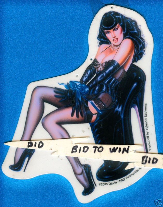 BETTIE PAGE on Shoe in Black Chair Full Color Sticker OLIVIA Art.Very 