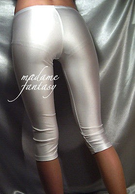 SEXY SHORT WHITE OPAQUE SHINY SPANDEX LEGGINGS M MEDIUM