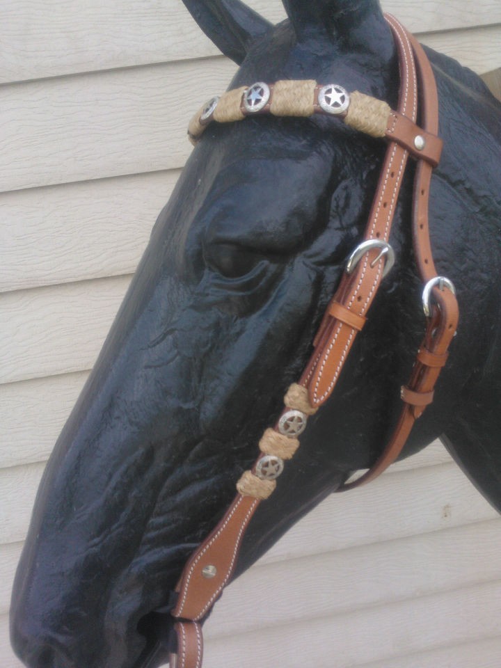   western headstall & rein set w/braided rawhide, star conchos