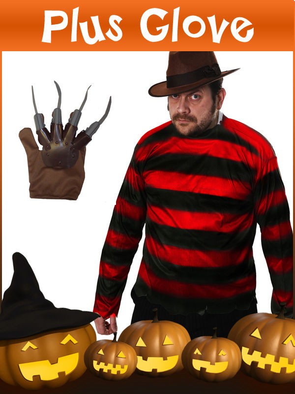   Black Red Jumper Top Plus Claw Glove Mens Halloween Fancy Dress