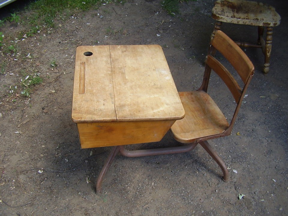 Vintage Wood & Steel School Desk. GC   VGC .