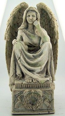 Balthial Weeping Sorrowful Angel w Wings Flower Ribbon Wreath Base 