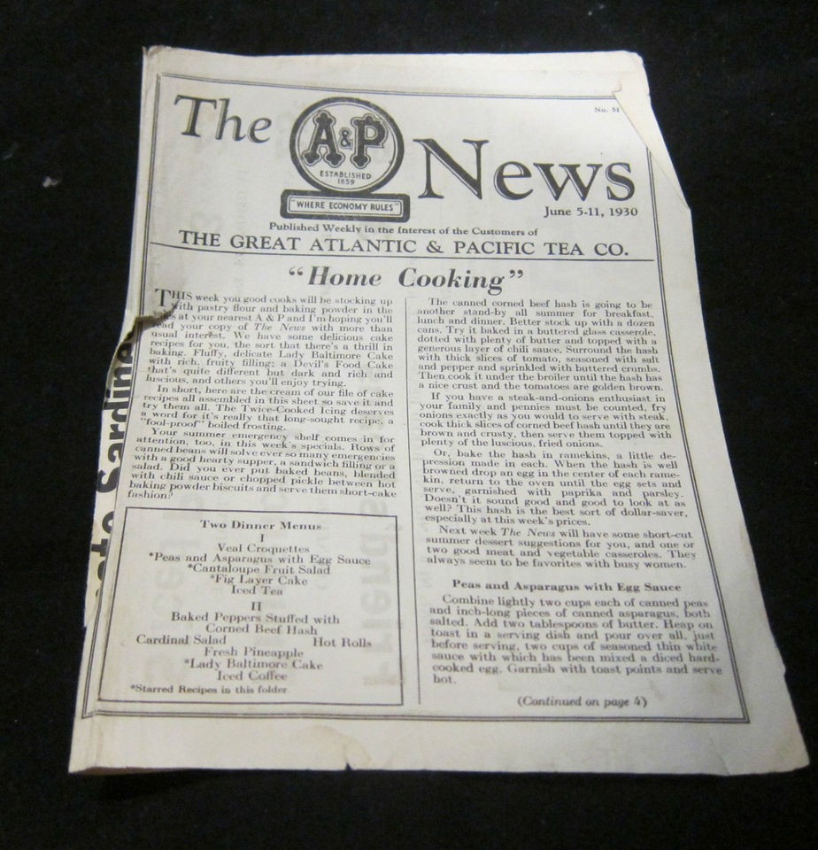   The A&P News Ad June 5 11 1930~supermarket~grocery store promo